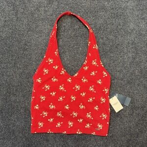 Hollister Tank Top Womens Medium Red Floral Halter Cropped Stretch Tagless